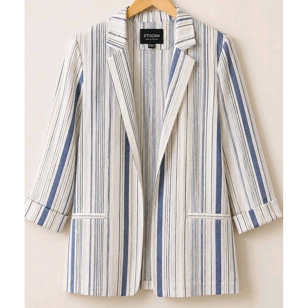 Women's Medium Linen Blend Jacket Blue White Stripe Coastal Chic Nautical